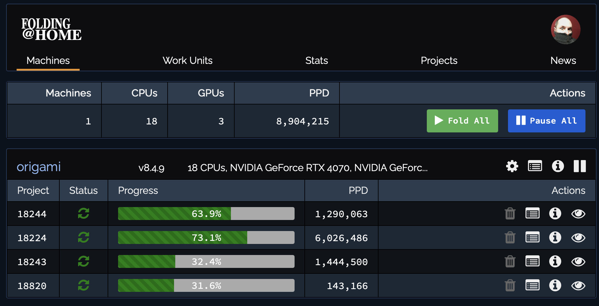 screenshot of the Folding@Home v8.4.x web UI showing work units running on my folding PC, which is named origami