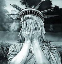 The Statue of Liberty hiding her face with her hands