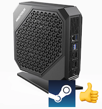 Photo of a mini PC overlaid with the Steam Workshop logo and a cartoon color thumbs up emoji