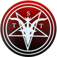 The logo of The Satanic Temple; a simplified goat skull overlaid on a reversed pentacle within two concentric circles. The letters T, S and T are spaced around the top 3 spaces between the points of the pentacle. Overall, the color scheme is a rising black to red linear gradient and all lines figures and lettering are in white.